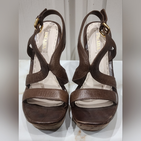 Prada Brown Leather Platform Wedges Size 40.5‎ - Picture 2 of 9